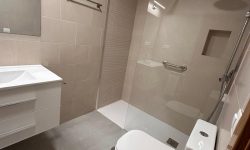 Baño de diseño en tonos tierra con plato de ducha y mampara de vidrio.
