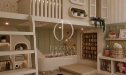 Diseño de habitación de juegos para niños, con mueble de dos niveles.
